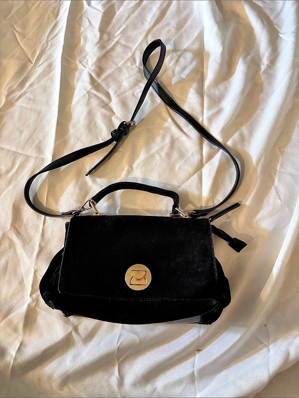 Moda Luxe Suede and Leather Black Bag with Gold-Tone Hardware
